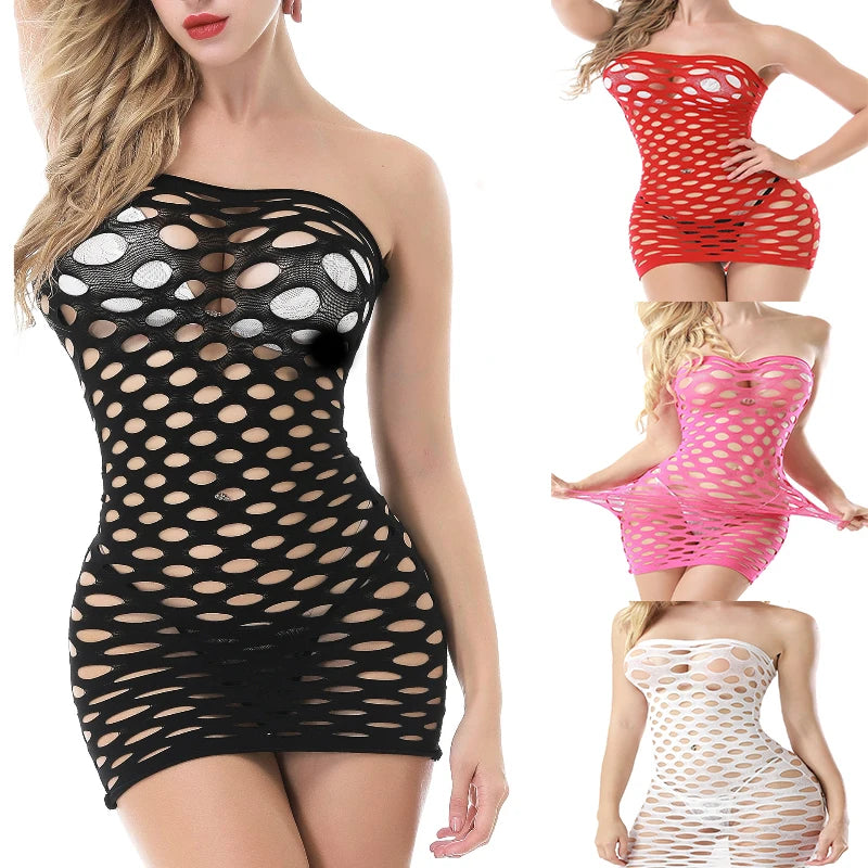 Sexy Women's Fishnet Hollow Dress Sexy Dress Mesh Doll Skirt Stretch Cotton Underwear Sexy Short Skirt Underwear Lingerie Porno