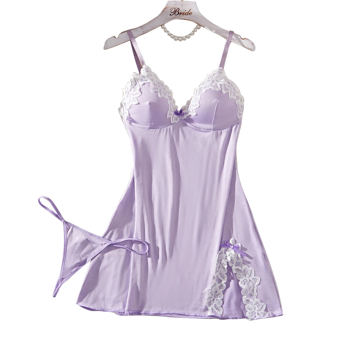 Light Purple Women Nightdress Lace Bow Dress Babydoll Sleepdress Underwear Sets Ladies Outfits